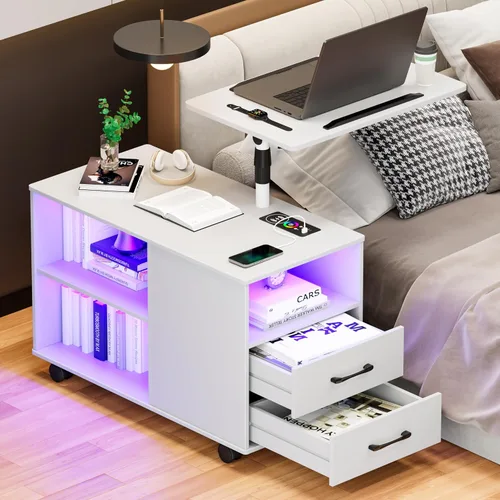 Vista 10 de Mesita de noche ajustable en altura con estación de carga, mesita de noche giratoria con luces LED, mesa auxiliar inteligente con sensor automático