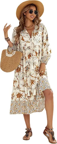 R.Vivimos - Vestido por debajo de la rodilla de estilo bohemio para mujer, vestido de manga larga, con estampado floral retro y cuello en V con borla