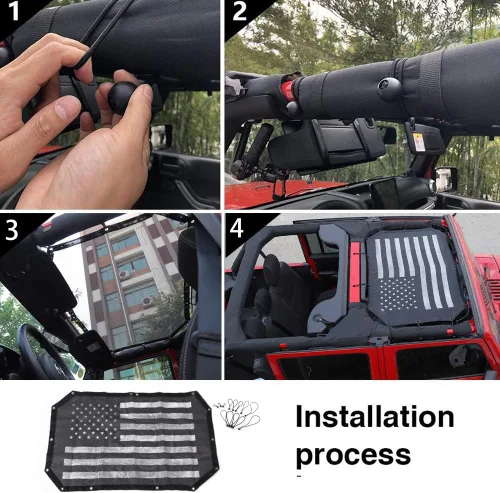 Vista 6 de JeCar - Parasol de malla con bandera americana, parasol superior tipo bikini, protección UV para Jeep Wrangler JK y Unlimited 2007-2018