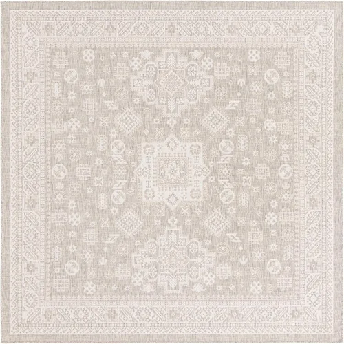 Vista 360 de Unique Loom Outdoor Aztec Collection Alfombra de área - Chalca (10 pies, redonda, azul/marfil)
