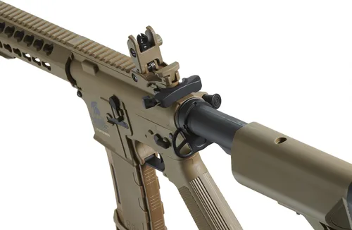 Vista 6 de Lancer Tactical Gen 2 Keymod Full Tan M4 Carabina Airsoft AEG de 10 pulgadas con cargador Airsoft de alta velocidad (Color: Bronceado)