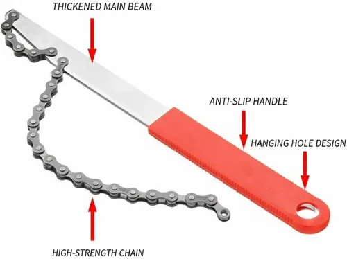 Vista 3 de Juego de herramientas de extracción de casete de bicicleta – Látigo de cadena, llave de cadena y herramienta de bloqueo para casetes Shimano/SRAM
