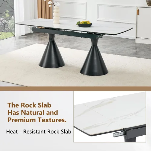 Vista 9 de Mesa de comedor extensible moderna para 4-8 personas, mesa de cocina de piedra sinterizada expandible con base de metal negro, ahorro de espacio