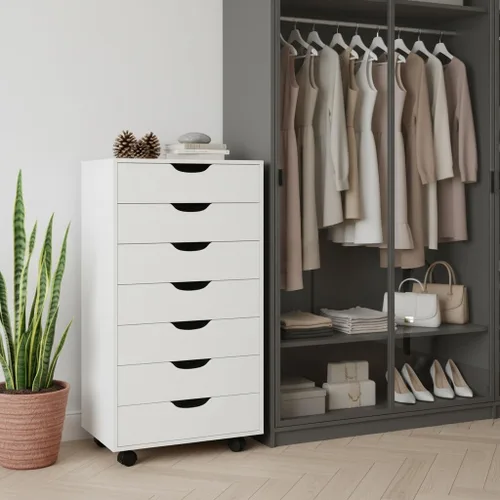Vista 219 de Naomi Home Cómoda de 5 cajones para dormitorio, alta y elegante, con ruedas y estantes de almacenamiento, pequeña para guardarropa, para maquillaje