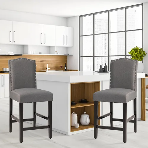 Vista 2 de GOFLAME Juego de 2 taburetes de bar, modernos taburetes de bar tapizados con asiento acolchado, sillas de bar con respaldo y patas de madera de Gris