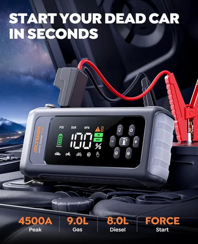 Vista 2 de Arrancador de batería de coche con compresor de aire 4500A 150PSI, arrancador de coche portátil (9L de gasolina/8L diesel), batería de coche