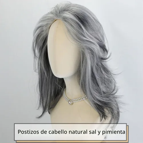 Vista 7 de Fencca Pelucas de color gris plateado para mujeres blancas, peluca ondulada en capas, peluca de sal y pimienta de longitud media con reflejos