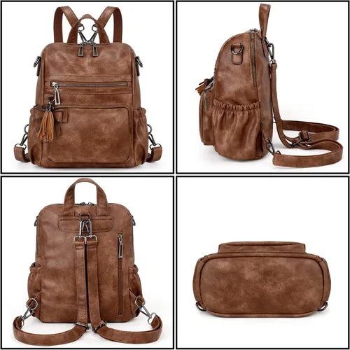 Vista 6 de UTO Mochila de cuero vegano para mujer, diseño de moda, convertible con borla, para viajes, con borla