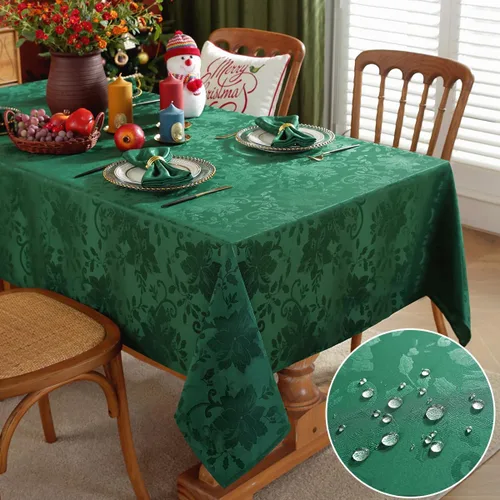 SASTYBALE Mantel rectangular de Navidad, mantel jacquard verde de 60 x 102 pulgadas con patrón floral de flor de pascua, mantel de tela de damasco