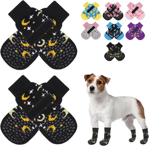 Vista 27 de SCENEREAL Calcetines antideslizantes para perros para evitar lamer patas para suelos de madera dura, zapatos de perro de doble cara botas