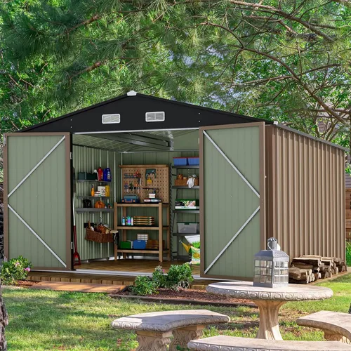 Vista 17 de Devoko Cobertizo de almacenamiento al aire libre de 6 x 4 pies, cobertizo de jardín de metal con cerradura, casa de almacenamiento de acero