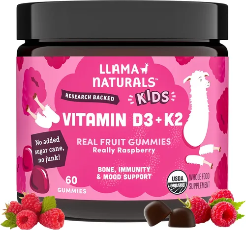 Llama Naturals Gomitas de vitamina D3 K2 para niños, veganas, orgánicas, gomitas de vitamina D para niños pequeños, vitaminas de gomitas de fruta