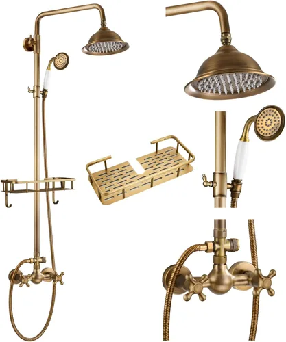 gotonovo Juego de Grifo de Ducha de Latón Antiguo Expuesto para Baño con Estante de Ducha Cabezal de Ducha de Lluvia de 8 Pulgadas Manija Cruzada