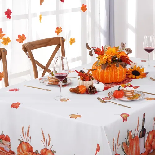 Vista 4 de Decoración de otoño, mantel de otoño, mantel de Acción de Gracias, rectangular, hoja de arce y calabaza, impermeable, lavable, para Acción