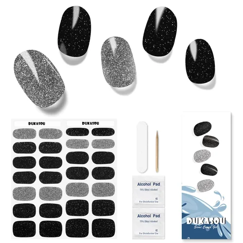 Vista 32 de Tiras de uñas de gel semicuradas, negras 28 piezas de tiras de uñas de gel compatibles con cualquier lámpara UV, calcomanías de uñas UV de calidad