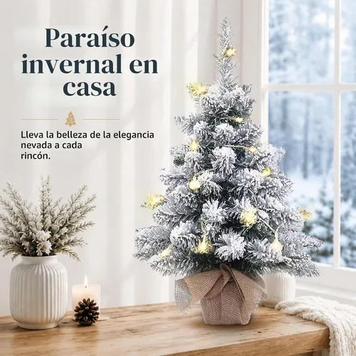 Vista 4 de Árbol de Navidad artificial mini preiluminado, árbol pequeño de Navidad de 20 pulgadas con copos de nieve, pino, con 40 luces LED, 70 puntas