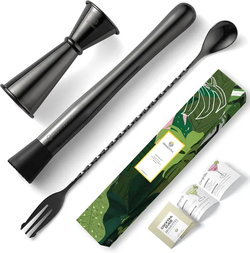 Homestia - Juego de 3 cucharas mezcladoras para cócteles, doble jigger | Bar Tools Set for Drinks Mixing - 10'' Bar Muddler for Lemonade, 12''