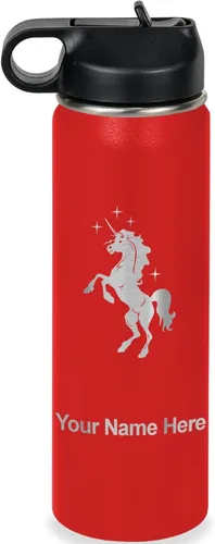Vista 23 de LaserGram Botella de agua de doble pared abatible de 12 onzas con pajita, unicornio, grabado personalizado incluido (rosa)
