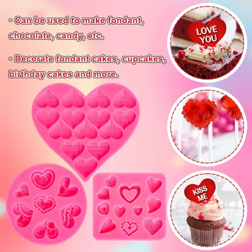 Vista 4 de Whaline 3 moldes de silicona 3D para el día de San Valentín, diseño de corazón de conversación, molde de silicona 3D Love You XOXO Letra Cupcake