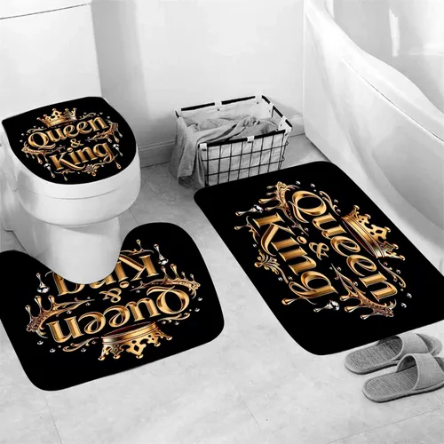 Vista 3 de AZHM Juego de cortina de ducha con estampado de corona dorada, accesorios de baño de lujo negros con cortina de ducha y alfombras