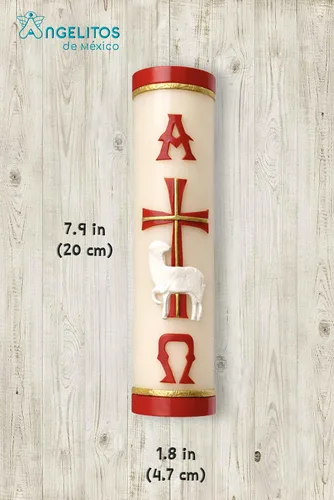 Vista 3 de Vela roja pascual hecha a mano Alpha Omega Cruz Oveja