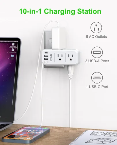 Vista 3 de EyGde Extensor de toma de corriente múltiple 1700J, regleta de alimentación de pared con enchufe giratorio y 4 puertos de carga USB (1 USB C)