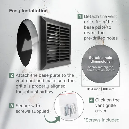 Vista 4 de Vent Systems Cubierta de ventilación negra de 4 pulgadas, cubierta de ventilación de plástico duradero con cuello de montaje y pantalla de malla