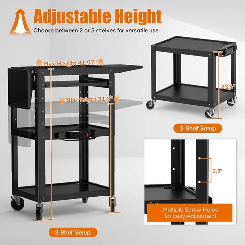 Vista 6 de Carrito AV con ruedas de acero con altura ajustable y potencia integrada, estación de trabajo multimedia de alta resistencia con estantes y ruedas