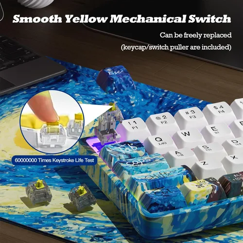 Vista 6 de Teclado mecánico 60% para juegos, 60% teclado inalámbrico trimodo BT5.02.4GHzUSB-C, inalámbricocon cable 19 RGB retroiluminado compacto de 61 teclas