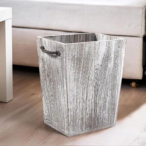 Vista 7 de MOOACE Cubo de basura de madera pequeño, contenedor de basura rectangular rústico con asa para baño, dormitorio, cocina, hogar, oficina