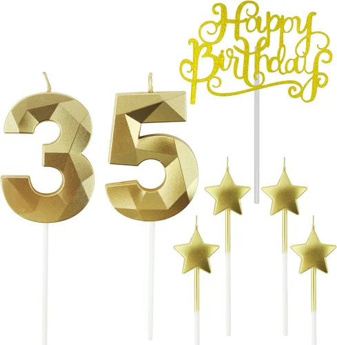 Vista 31 de Velas de cumpleaños doradas con número 20 y velas de estrella de cumpleaños de 7 cm Velas para pastel de cumpleaños en forma de diamante 3D son