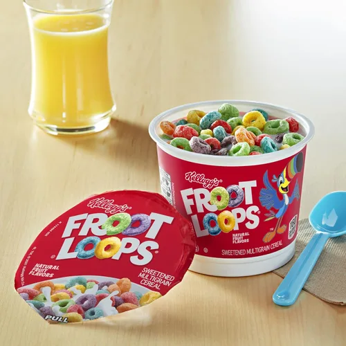 Vista 5 de Kellogg's Froot Loops - Tazas de cereales para el desayuno, sabor a frutas, aperitivos de desayuno con vitamina C, original, caja de 18 onzas