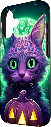 Vista 2 de iPhone 16 Cat Halloween Costume Glowing Pumpkin Purple & Light Green Case
