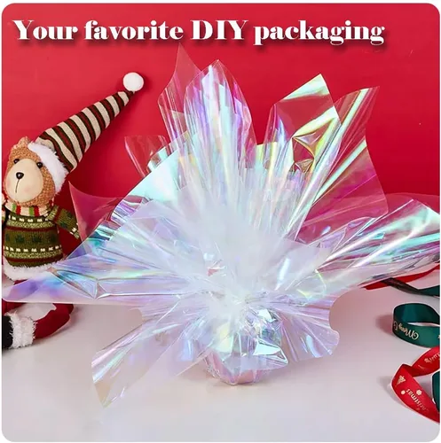 Vista 3 de 1 rollo de celofán iridiscente de 50 pies, papel de regalo iridiscente, rollo de celofán holográfico, envoltura de celofán para cestas de regalo