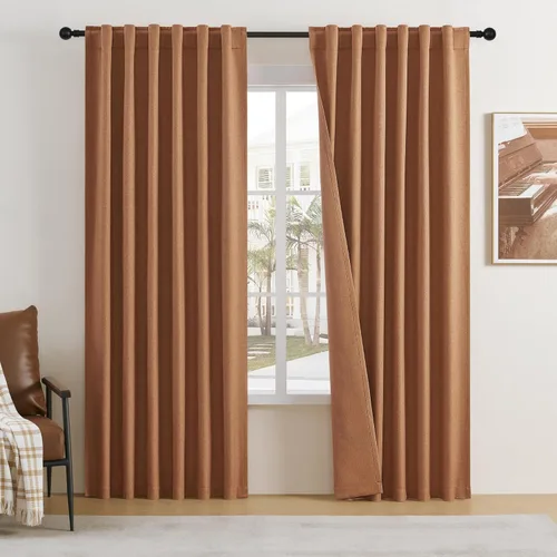 Vista 24 de DUALIFE - Cortinas de lino opacas beige de 54 pulgadas de largo, con pestaña trasera y bolsillo para cortinero, cortinas estrechas para dormitorio