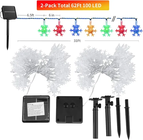 Vista 6 de Guirnalda de luces solares de copo de nieve de Navidad, paquete de 2 unidades, 100 luces LED de 62 pies para exteriores, impermeables, con 8 modos