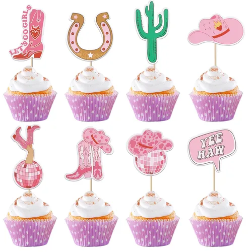 40 piezas de decoraciones para cupcakes de vaquera de doble cara con herradura, cactus, sombrero y bota, palillos para cupcakes, bola de discoteca,