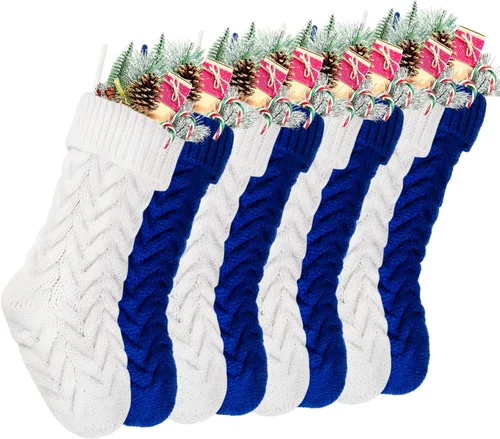 Vista 23 de Medias de Navidad, 18 pulgadas, calcetines de punto trenzado azul para decoración de Navidad, paquete de 4