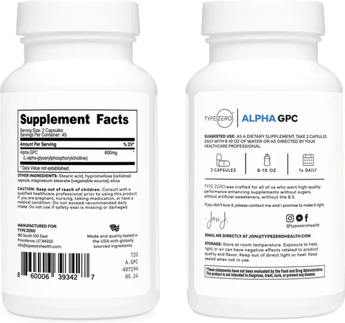 Vista 2 de Type Zero Suplemento ultra limpio de colina Alpha GPC (600 mg 90 cápsulas) sin soja, sin OMG, nootrópicos Alpha GPC 600 mg / 300 mg; suplementos