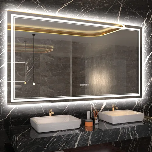 Vista 72 de Espejo de baño LED de 48 x 40 pulgadas con luces, retroiluminado y frontal iluminado para pared, espejo de tocador LED inastillable con memoria