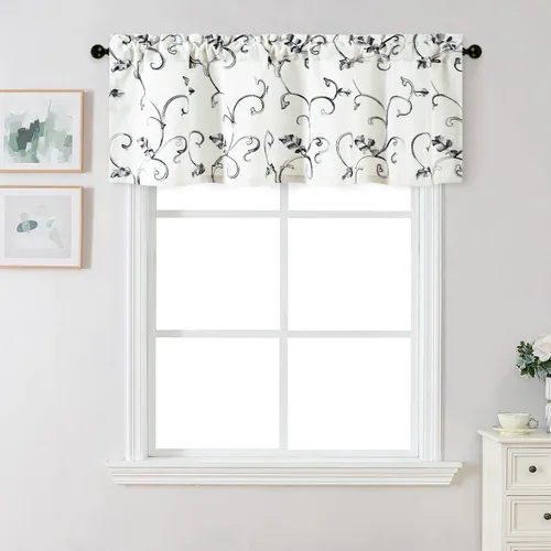 Vista 23 de VOGOL - Cenefa de cocina bordada con flores para ventanas, cenefa decorativa con filtro de luz para baño, cortinas con bolsillo para varilla corta
