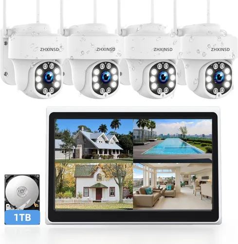 ZHXISND Sistema de cámara de seguridad para el hogar de 5MP 10CH al aire libre, 5G/2.4G WiFi 4K Monitor de 10 pulgadas con disco duro de 1 TB para