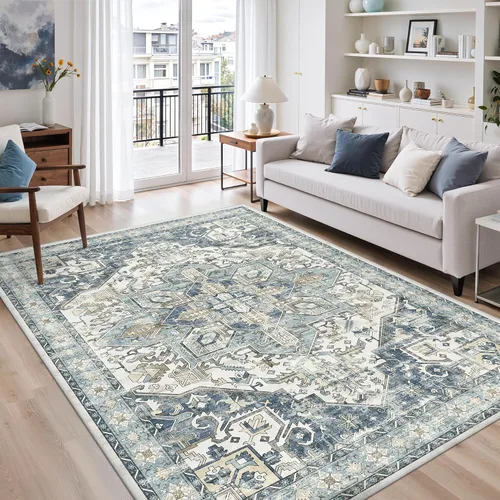 Vista 13 de zesthome Alfombras de área de 5 x 7, lavables a máquina, para sala de estar, dormitorio, resistentes a las manchas, vintage, de gran área, Beige