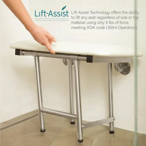 Vista 7 de Seachrome Asiento de ducha plegable de 24 x 15 pulgadas con cojín acolchado blanco para montaje en pared con patas, cumple con ADA
