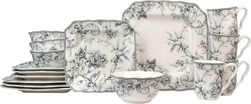 222 Fifth Adelaide - Juego de vajilla de porcelana floral gris de 16 piezas | Juego de comedor apto para microondas y lavavajillas para 4 | Platos