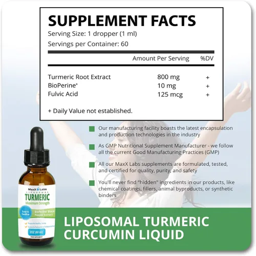 Vista 3 de Suplementos líquidos de cúrcuma – Curcumina de cúrcuma con extracto de pimienta negra Bioperine – Mayor potencia 800 mg – Gotas de curcumina