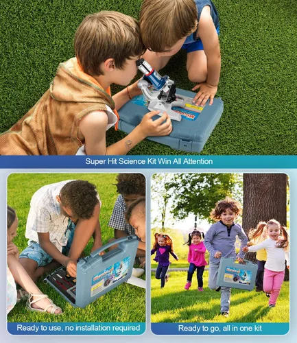Vista 7 de Kit de microscopio para niños de 58 piezas, aumento de 100X-1200X, cuerpo de metal, luz LED, caja de transporte, juguete de experimento científico