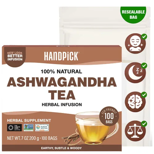 HANDPICK, Té de raíz de Ashwagandha (100 bolsas de té) | Sin cafeína, sin gluten | Empaquetado en bolsas de té ecológicas