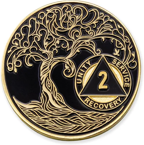 Vista 242 de 1 año Sobriety Mint Twisted Tree of Life Medallón de recuperación AA chapado en oro, chip/ficha - negro
