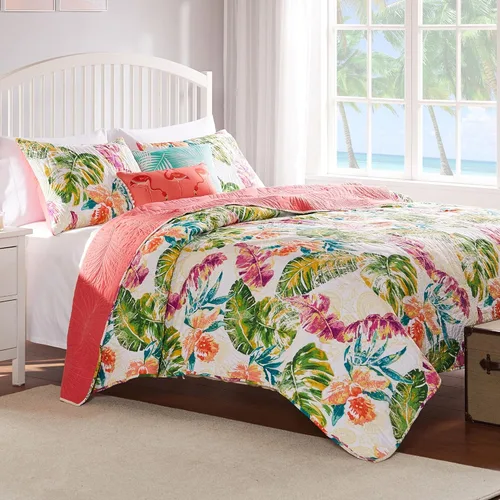 Vista 5 de Greenland Home Tropics Palm Leaves Coastal - Juego de edredón de mezcla de algodón, 3 piezas, matrimonial/queen, coral